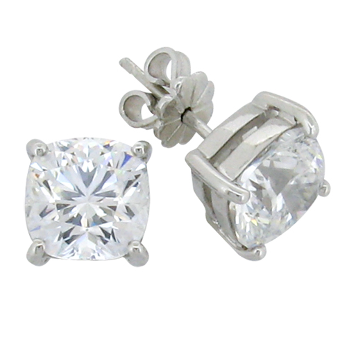 Cushion cut 4.5 carat  8 x 8 millimeter Diamond Simulant 4-prong set Stud Earrings in Silver