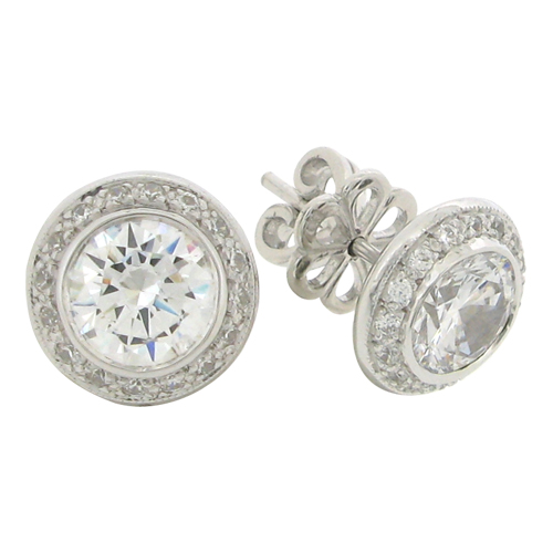 Brilliant 2 carat  6.75 millimeter surrounded by Brilliant Diamond Simulant bezel set Stud Earrings in Silver