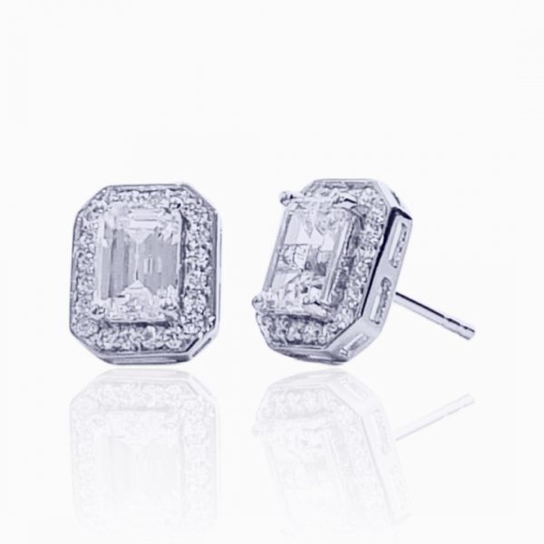 Emerald Cut and Round Halo Earrings